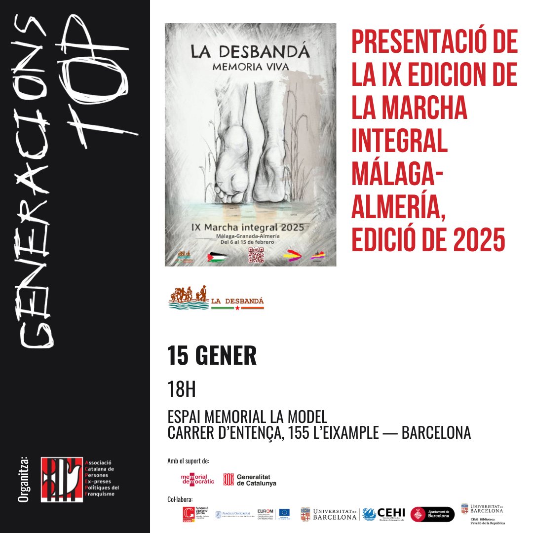 Us convidem a la presentació de la IX Edición de la marcha integral Málaga-Almería de #LaDesbandá

Intervendran:

➡️Domènec Martínez, soci de <a href="/LADESBANDA/">ASC LA DESBANDÁ</a>
➡️Núria Delgado, de la Asociación Amigos y Amigas de La Desbandá
➡️Paco García, delegat de <a href="/LADESBANDA/">ASC LA DESBANDÁ</a> en Catalunya.