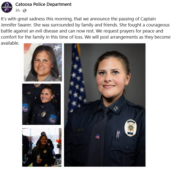 Prayers Needed for the Catoosa Oklahoma Police Department as Captain Jennifer Swarer lost her Courageous Battle with Pancreatic Cancer 💙🖤🙏💔🫂

@bigricanman
