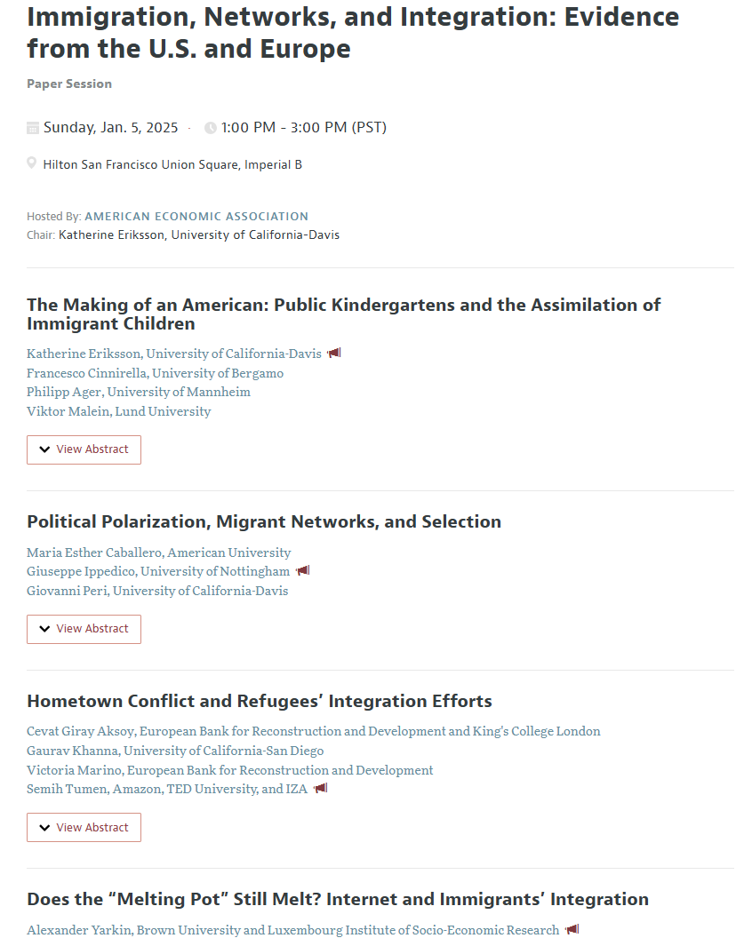 Alexander Yarkin (@alexmyarkin) on Twitter photo If you are at the <a href="/ASSAMeeting/">ASSA Meeting</a> this weekend, come to our session on "Immigration, Networks, and Integration: Evidence from the U.S. and Europe", 1-3pm on Sunday.
Joint with the amazing Katherine Eriksson, <a href="/PeppeIppedico/">Giuseppe Ippedico</a>, <a href="/SemihTumen/">Semih Tumen</a>, <a href="/seperez84/">Santiago Pérez</a>, <a href="/ReemZaiour/">Reem Zaiour</a>, and Jose Bucheli. If you are at the <a href="/ASSAMeeting/">ASSA Meeting</a> this weekend, come to our session on "Immigration, Networks, and Integration: Evidence from the U.S. and Europe", 1-3pm on Sunday.
Joint with the amazing Katherine Eriksson, <a href="/PeppeIppedico/">Giuseppe Ippedico</a>, <a href="/SemihTumen/">Semih Tumen</a>, <a href="/seperez84/">Santiago Pérez</a>, <a href="/ReemZaiour/">Reem Zaiour</a>, and Jose Bucheli.