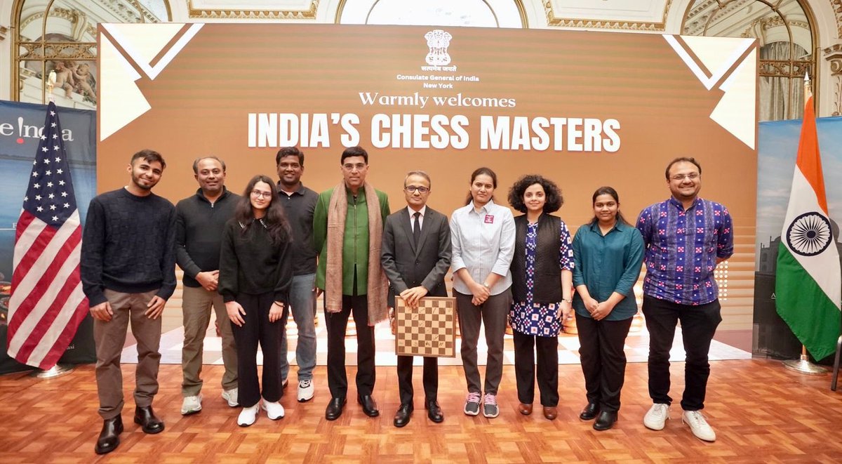 India in New York (@indiainnewyork) on Twitter photo Delighted to welcome India's Chess Masters GM Viswanathan Anand <a href="/vishy64theking/">Viswanathan Anand</a>, GM Koneru Humpy <a href="/humpy_koneru/">Koneru Humpy</a>, GM Magesh Chandran Panchanathan, GM Arun Prasad Subramanian, GM Harshit Raja (<a href="/HarshitRaja1/">Harshit Raja</a>), IM Padmini Rout (<a href="/acciochess/">Padmíní Rout (ପଦ୍ମିନୀ)</a>), IM Vantika Agrawal (<a href="/vantikachess/">Vantika</a>), IM Delighted to welcome India's Chess Masters GM Viswanathan Anand <a href="/vishy64theking/">Viswanathan Anand</a>, GM Koneru Humpy <a href="/humpy_koneru/">Koneru Humpy</a>, GM Magesh Chandran Panchanathan, GM Arun Prasad Subramanian, GM Harshit Raja (<a href="/HarshitRaja1/">Harshit Raja</a>), IM Padmini Rout (<a href="/acciochess/">Padmíní Rout (ପଦ୍ମିନୀ)</a>), IM Vantika Agrawal (<a href="/vantikachess/">Vantika</a>), IM