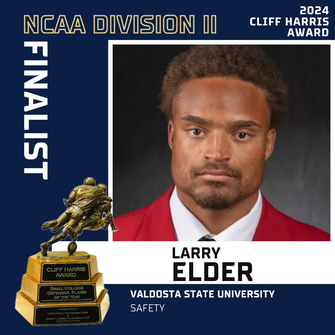 CLIFF HARRIS AWARD (@cliffharrisawd) on Twitter photo ๐ฎ๐ฌ๐ฎ๐ฐ ๐๐น๐ถ๐ณ๐ณ ๐๐ฎ๐ฟ๐ฟ๐ถ๐ ๐๐๐ฎ๐ฟ๐ฑ ๐๐ถ๐ป๐ฎ๐น๐ถ๐๐ ๐-๐๐
Congratulations to D-II finalist Larry Elder, a Safety from Valdosta State University (GA)!
<a href="/NCAADII/">NCAA Division II</a> <a href="/NCAA_PR/">NCAA News</a> <a href="/valdostastate/">Valdosta State University</a> <a href="/GulfSouth/">Gulf South Conference</a>
Thank you to @wljsportslaw for sponsoring the trophies! ๐ฎ๐ฌ๐ฎ๐ฐ ๐๐น๐ถ๐ณ๐ณ ๐๐ฎ๐ฟ๐ฟ๐ถ๐ ๐๐๐ฎ๐ฟ๐ฑ ๐๐ถ๐ป๐ฎ๐น๐ถ๐๐ ๐-๐๐
Congratulations to D-II finalist Larry Elder, a Safety from Valdosta State University (GA)!
<a href="/NCAADII/">NCAA Division II</a> <a href="/NCAA_PR/">NCAA News</a> <a href="/valdostastate/">Valdosta State University</a> <a href="/GulfSouth/">Gulf South Conference</a>
Thank you to @wljsportslaw for sponsoring the trophies!