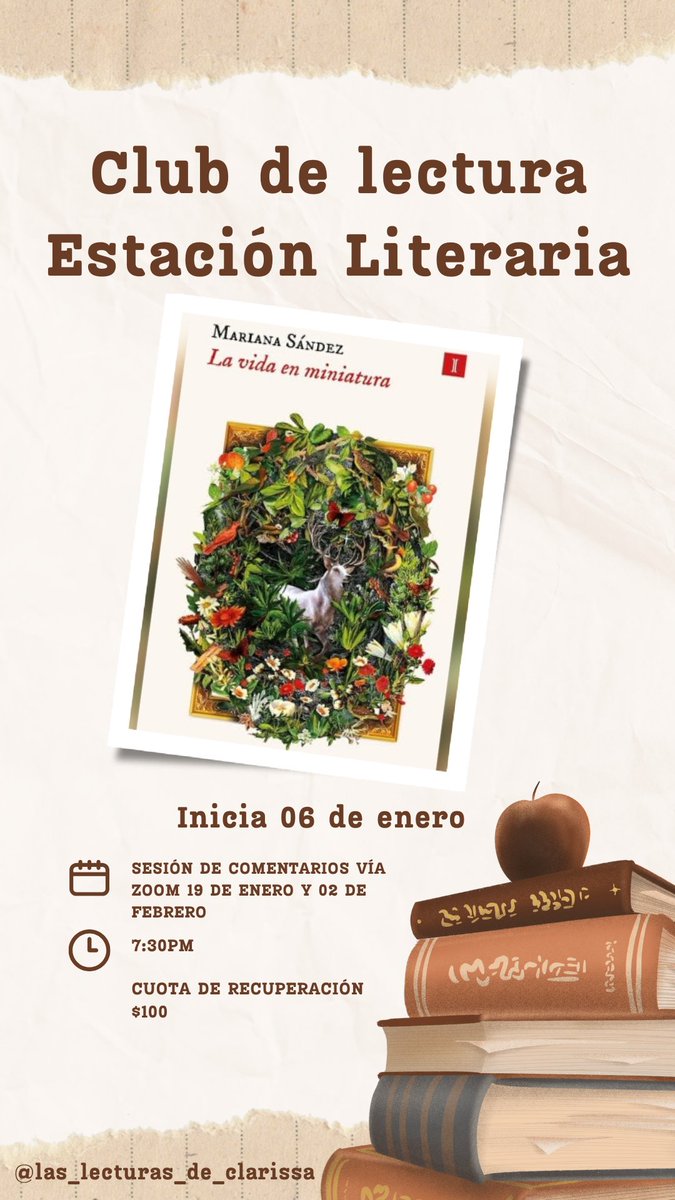 Están invitadxs a nuestra primera lectura del 2025. Leeremos "La vida en miniatura" de la escritora argentina Mariana Sández.

-Novela argentina de aires ingleses.
-Novela íntima de viajes.
-Reflexiones sobre el peso de la vejez y los afectos.
-Historia redonda, irónica y sabía.