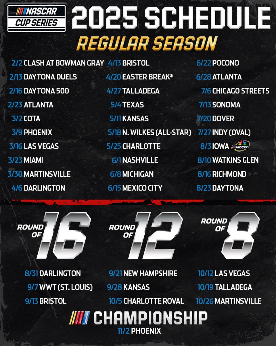 Bookmark this. 🔖

The 2025 NASCAR Cup Series schedule. 👇