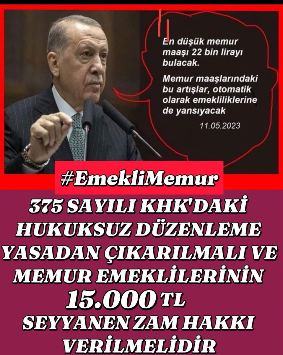 <a href="/OneNewsweek/">Gülten Türkyılmaz</a> Memur emeklisini yoksullaştırdınız
<a href="/RTErdogan/">Recep Tayyip Erdoğan</a>

#MemurEmeklisineAdalet
 #EmekliMemur

<a href="/csgbakanligi/">T.C. Çalışma ve Sosyal Güvenlik Bakanlığı</a>
