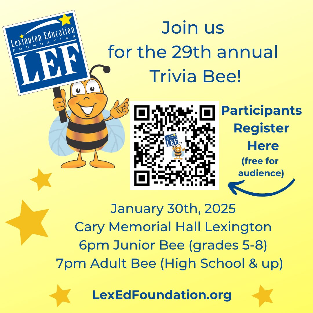It's time! Reg open for the 29th annual trivia bee. New location &amp; we added a junior bee (grades 5-8). lexedfoundation.org. Audience watches for free!