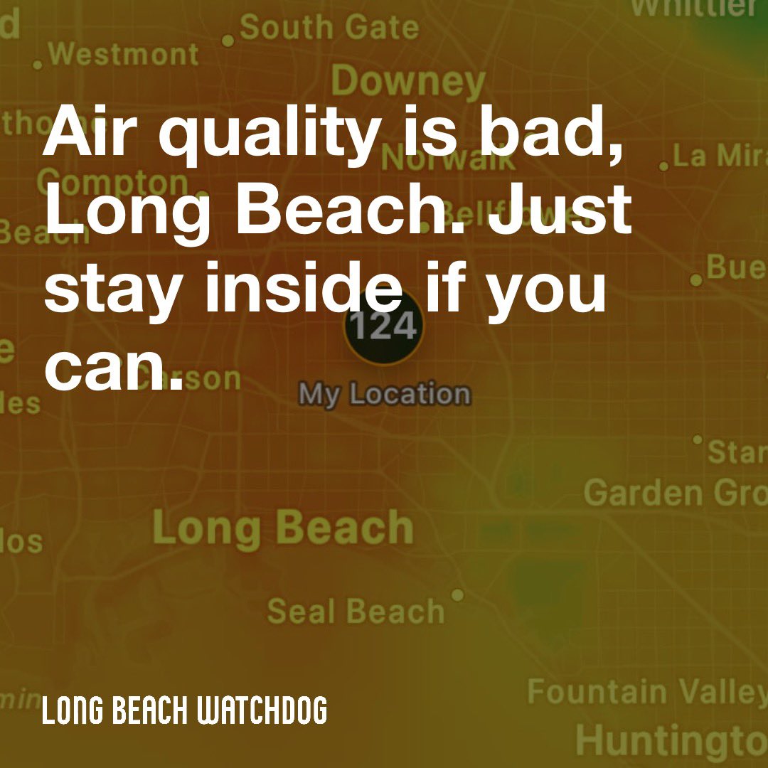 Long Beach Watchdog (@lbwatchdognews) on Twitter photo If you’ve checked the weather today, you may have noticed an “air quality alert.” If not, here’s your warning: The air in Long Beach is “unhealthy for sensitive groups” and has been for over a week.
Read more from <a href="/_Brandon_E/">Brandon E Richardson</a> on the Watchdog. lbwatchdog.com/air-quality-is… If you’ve checked the weather today, you may have noticed an “air quality alert.” If not, here’s your warning: The air in Long Beach is “unhealthy for sensitive groups” and has been for over a week.
Read more from <a href="/_Brandon_E/">Brandon E Richardson</a> on the Watchdog. lbwatchdog.com/air-quality-is…