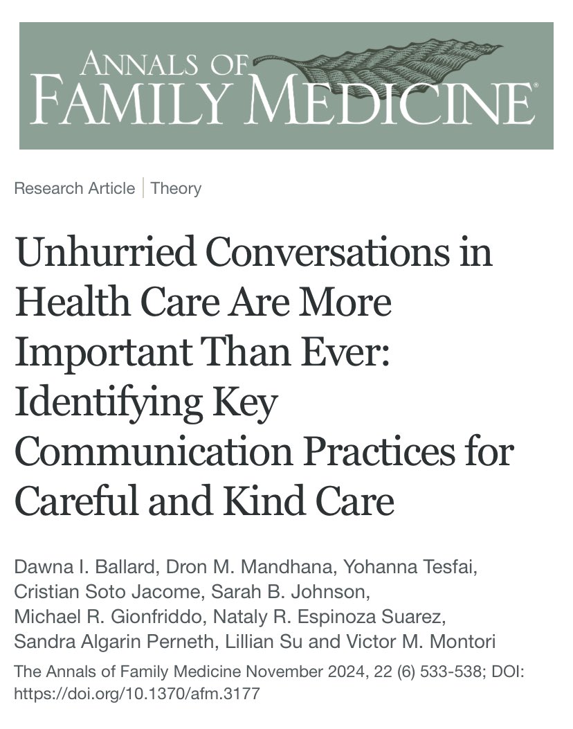 Las conversaciones sin prisas en salud, más importantes que nunca:

Prácticas de comunicación amable

🔁Compartir palabra
✳️Temas diversos
🕐Pausada
🎵Ritmo moderado
⛔️Evitar interrumpir
📴Minimización externa
❓Preguntas abiertas
❤️Expresión emociones
🙌🏽Lenguaje corporal abierto