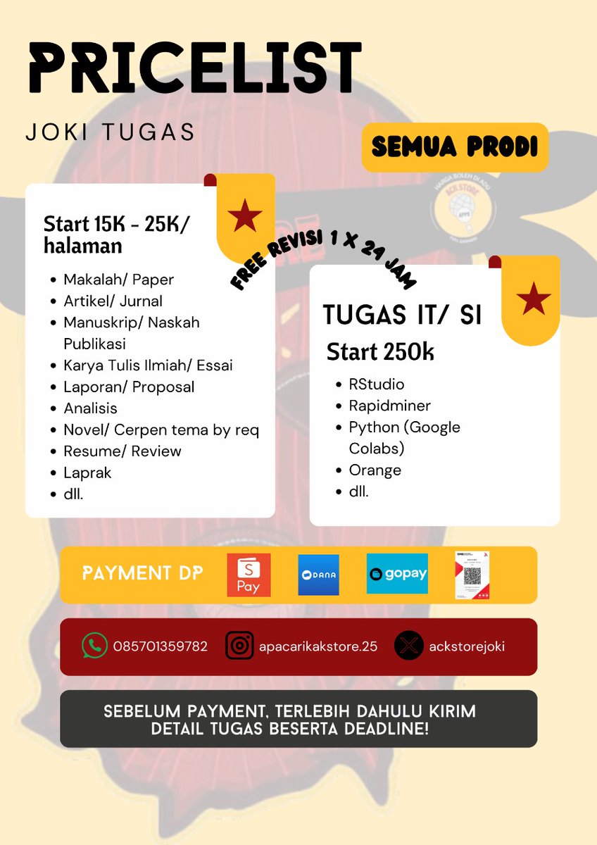 ackstorejoki's tweet image. PRICELIST Joki Skripsi dan Tugas tersedia semua prodi open 24 jam ya! 
WA: wa.me/6285701359782
📌 Trusted and Fast Response
📌 Privasi aman
#zonauang #Jokiskripsi #jokiproposal #jokitugas #jokikuliah #jokimakalah #jokikti #jokiartikel #jokijurnal #jokicoding #jokiessai…