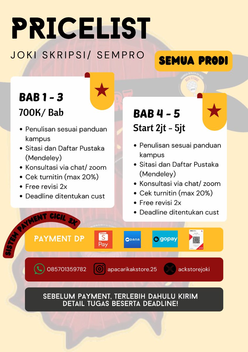 ackstorejoki's tweet image. PRICELIST Joki Skripsi dan Tugas tersedia semua prodi open 24 jam ya! 
WA: wa.me/6285701359782
📌 Trusted and Fast Response
📌 Privasi aman
#zonauang #Jokiskripsi #jokiproposal #jokitugas #jokikuliah #jokimakalah #jokikti #jokiartikel #jokijurnal #jokicoding #jokiessai…