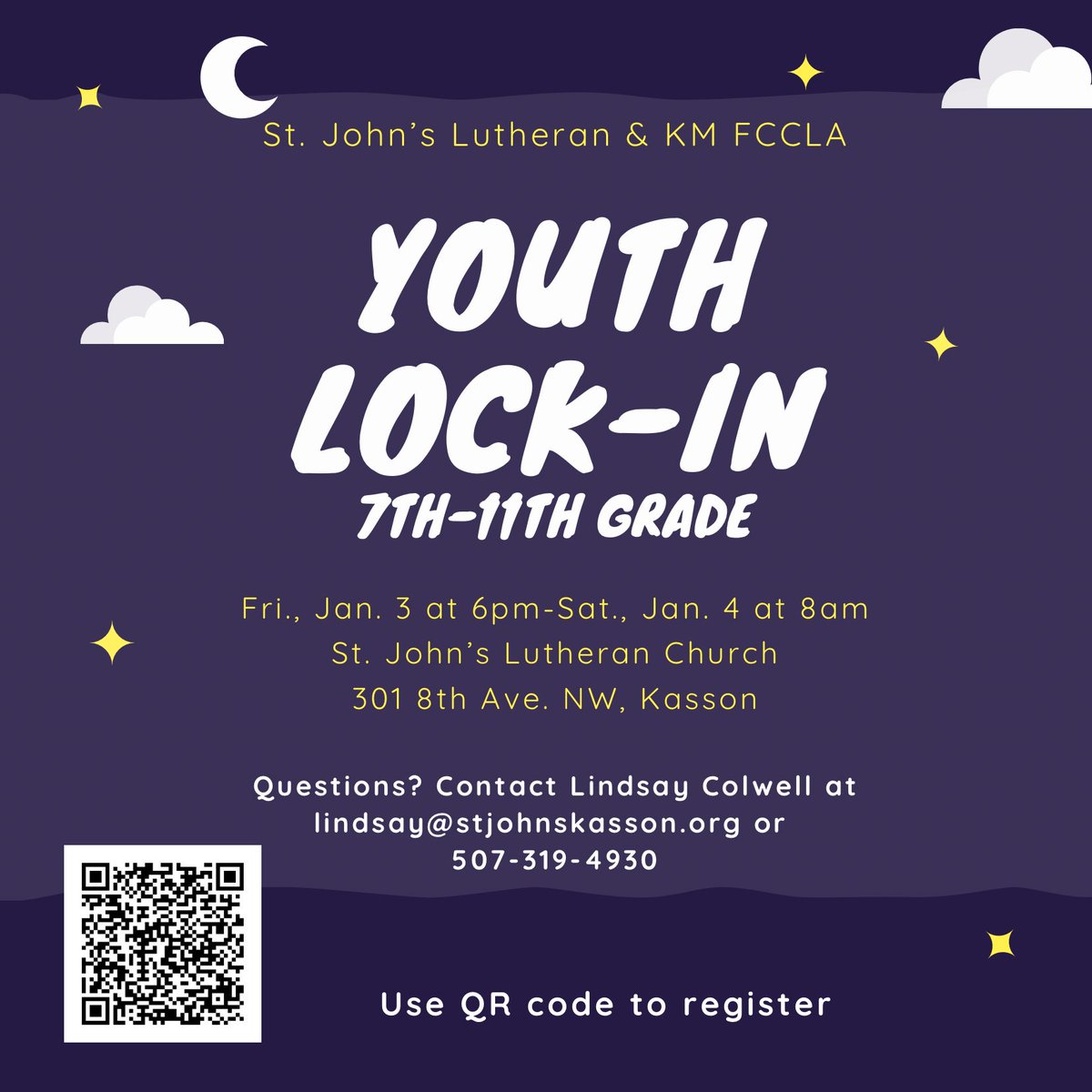 KM FCCLA/LEO CLUB (@kmfccla) on Twitter photo Bring the New Year with your friends! We are hosting a lock-in at St. Johns! Gather your friends & join the fun; with free pizza, doughnuts & snacks. Scan the QR code to register! <a href="/KM_Activities/">KM Activities</a> <a href="/KMMS_FCS/">Mrs. Welch</a> <a href="/KMMS_Larsen/">K-M Middle School</a> Bring the New Year with your friends! We are hosting a lock-in at St. Johns! Gather your friends & join the fun; with free pizza, doughnuts & snacks. Scan the QR code to register! <a href="/KM_Activities/">KM Activities</a> <a href="/KMMS_FCS/">Mrs. Welch</a> <a href="/KMMS_Larsen/">K-M Middle School</a>