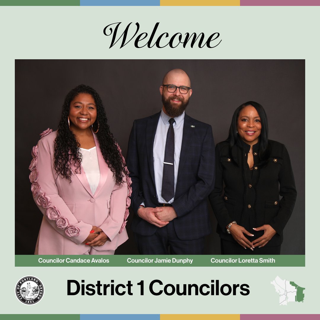 Welcome District 1 Councilors!

District 1 is represented by Candace Avalos, Jamie Dunphy and Loretta Smith (left to right).

Their district includes the communities east of I-205, plus the Lents neighborhood and those neighbors near Portland International Airport.
 
Learn more