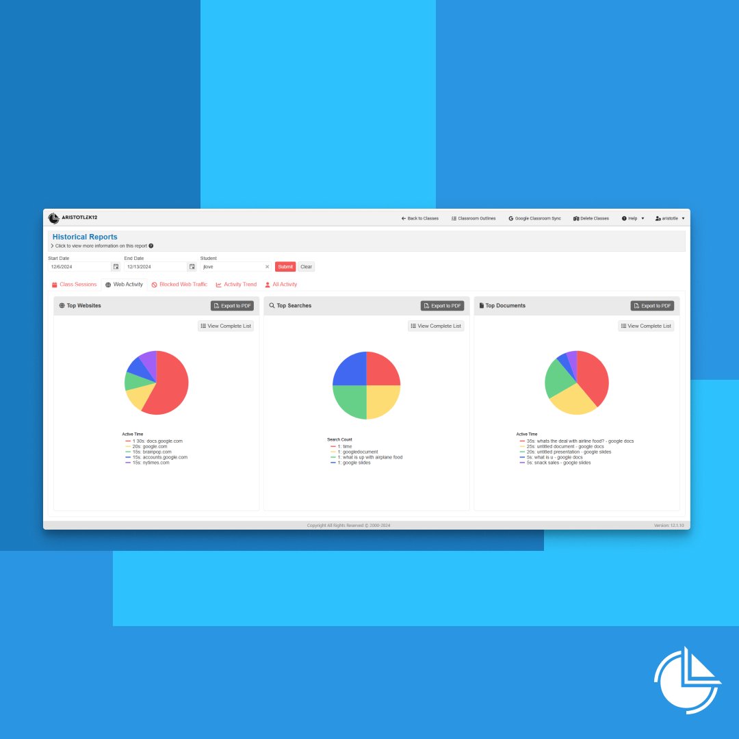 Sergeant_Labs's tweet image. 🔍 Unlock deeper insights with Historical Reports! Educators can easily download a detailed PDF of student activity data to optimize classroom dynamics and support meaningful learning outcomes. 📊

#AristotleK12 #TechInEd #EdTechSolutions