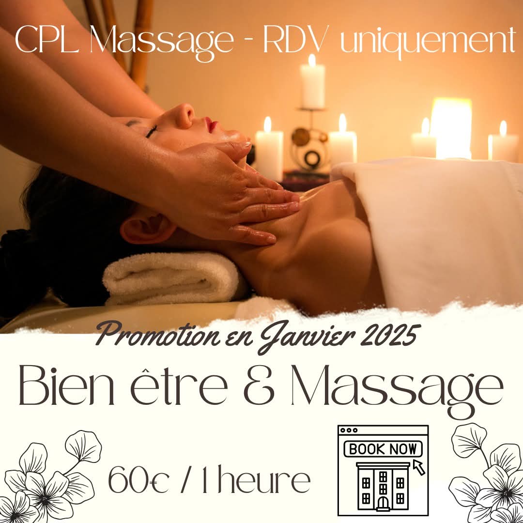 CPLmass's tweet photo. Bonjour à tous,

Promotions disponibles en janvier. (Pensez à me le mentionner le jour de votre rendez-vous)😉

Accordez-vous un moment de détente, votre corps est plus important que toute autre chose.💆

Bonne année et à bientôt 👋 😊
Mme Chung 
CPL Massage https://t.co/iuFgRgm6Wi