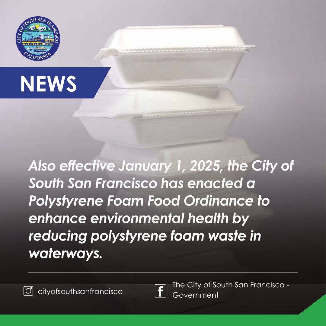 South San Francisco (@cityofssf) on Twitter photo 🚨 Heads up for 2025! 🌟
🌞 Daylighting Law: Assembly Bill 413 prohibits parking 20 feet in advance of crosswalks 
💵 Minimum Wage Increase: Wages in South San Francisco have been increased to $17.70/hour
🍴 Polystyrene Ban: Foam food containers are out, eco-friendly is in! 🚨 Heads up for 2025! 🌟
🌞 Daylighting Law: Assembly Bill 413 prohibits parking 20 feet in advance of crosswalks 
💵 Minimum Wage Increase: Wages in South San Francisco have been increased to $17.70/hour
🍴 Polystyrene Ban: Foam food containers are out, eco-friendly is in!
