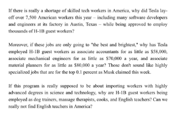 GunnelsWarren's tweet photo. "Bottom line: It should never be cheaper for a corporation to hire a guest worker from overseas than an American worker," @SenSanders. 

More of Bernie's statement on billionaire Tech Oligarchs using H-1B guest workers as indentured servants &amp; suppressing American wages: https://t.co/dlbHCmDWAe