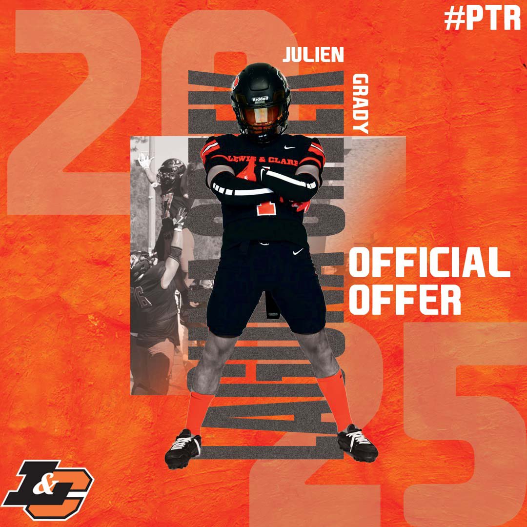 Julien Grady (@julien_grady) on Twitter photo Blessed! After a great conversation with <a href="/JoeBushman5/">Joe Bushman</a>, I am honored to recieve an offer from <a href="/LCPiosFB/">Lewis & Clark Football</a> !
<a href="/lagunacreekfb/">Laguna Creek Football</a> <a href="/CoachRNillHC_LC/">Ryan Nill</a> <a href="/WCPSacramento/">West Coast Preps Sacramento</a> #AGTG✝️ Blessed! After a great conversation with <a href="/JoeBushman5/">Joe Bushman</a>, I am honored to recieve an offer from <a href="/LCPiosFB/">Lewis & Clark Football</a> !
<a href="/lagunacreekfb/">Laguna Creek Football</a> <a href="/CoachRNillHC_LC/">Ryan Nill</a> <a href="/WCPSacramento/">West Coast Preps Sacramento</a> #AGTG✝️