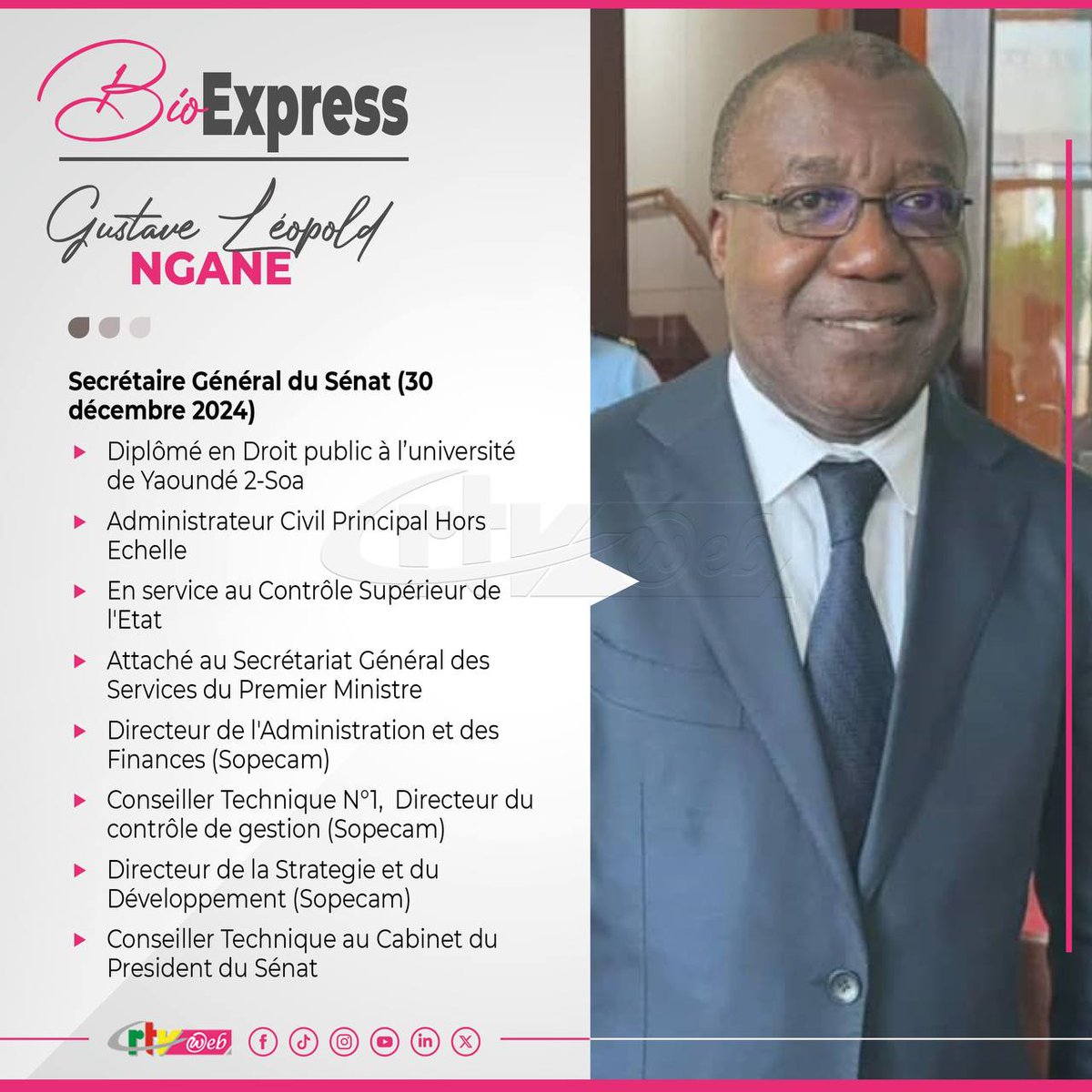 CRTV_web's tweet photo. Léopold Gustave Ngane est la deuxième personnalité à occuper la fonction de secrétaire général du Sénat. I
Son parcours académique et professionnel le prédisposait à la gestion des institutions publiques. .. https://t.co/OWmMSKUG4O