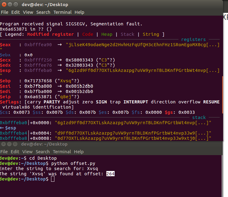 Instead of using Metasploit's exploit toolset to create patterns for fuzzing and reading the offset; I built my own.🙂 I initially built this for fuzzing a FTP server; but it works great to quickly find the buffer size. Just copy the value at EBP after segmentation fault; place