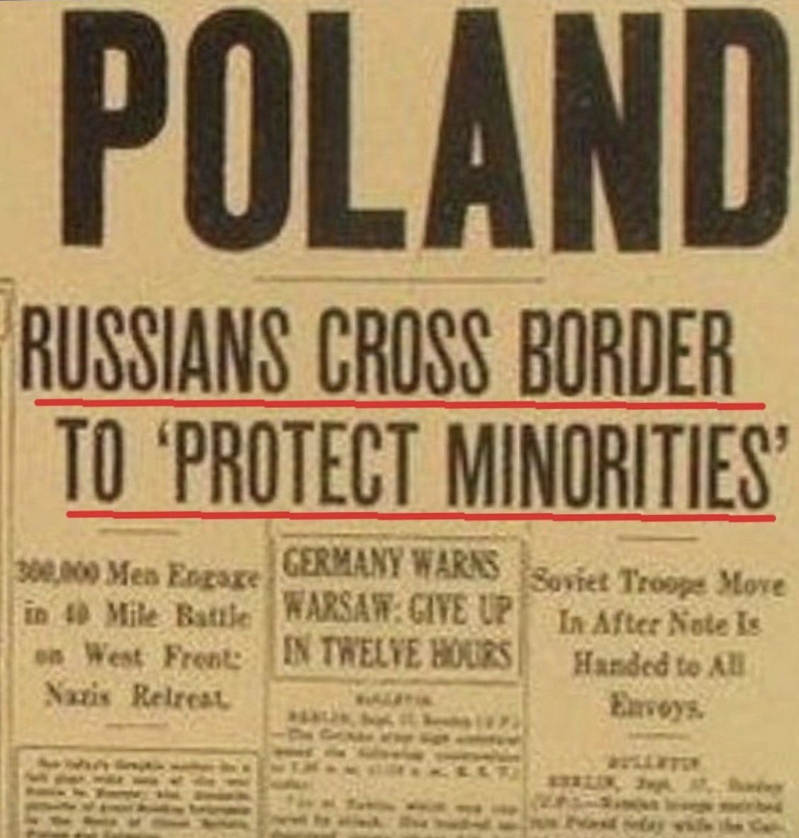 A ghost of the past. The reason given by the Soviets to invade Poland in 1939 &amp; by Russia to invade Georgia in 2008, Donbas &amp; Crimea in 2014, and Ukraine in 2022. Sometimes history repeats, sometimes it echoes.