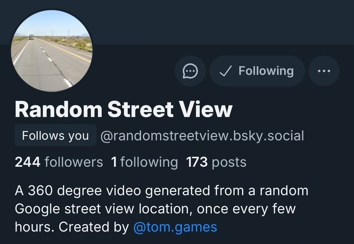 Hello! It is me, random_places, the twitter bot. I am no longer going to be active on this platform. See the image below for new version of me on another social network that posts little videos, check it out! Thank you everyone for a decade of exploring the world!