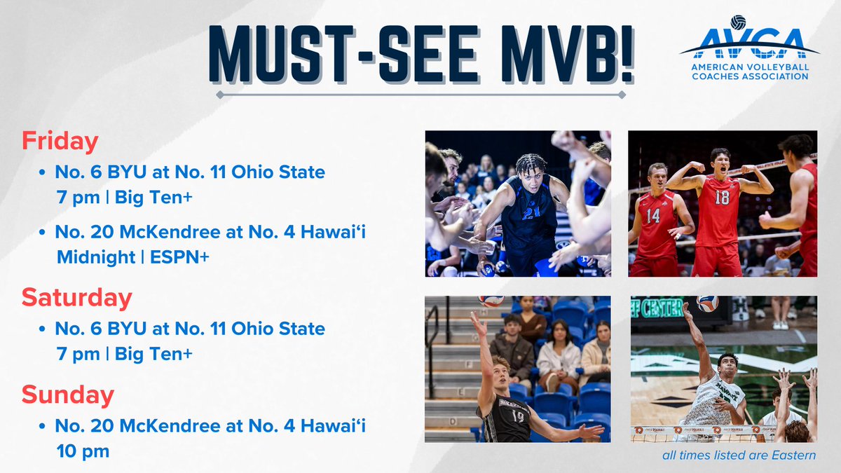 The men’s college volleyball season kicks off tonight!
And, to get things going, we have No. 6 <a href="/BYUmvolleyball/">BYU Men’s Volleyball</a> at No. 11 <a href="/OhioStateMVB/">OSU Men's Volleyball</a>, and No. 20 <a href="/McKBearcats/">McKendree Bearcats</a> at No. 4 <a href="/HawaiiMensVB/">Hawai‘i Men's Volleyball</a>. Those teams play again Saturday and Sunday, respectively, on opening weekend.
#WeAreAVCA