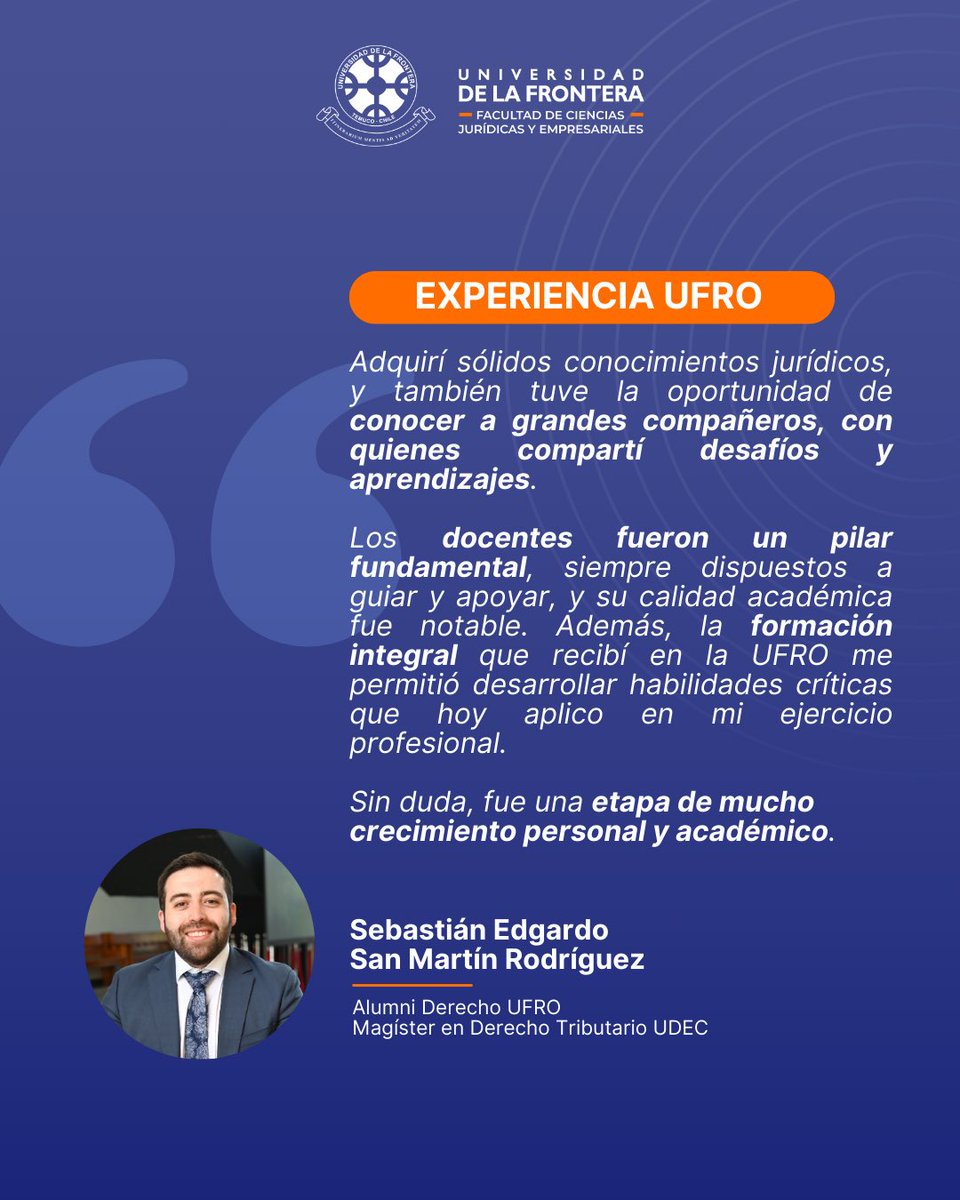 🔵 ¿En qué están nuestros Alumni? ⚖️ En esta nueva sección, les contaremos sobre las experiencias de abogadas y abogados egresados de la UFRO y cómo se encuentran actualmente.

👨‍💼 En esta ocasión, el abogado y Sebastián San Martín Rodríguez nos cuenta sobre su experiencia.