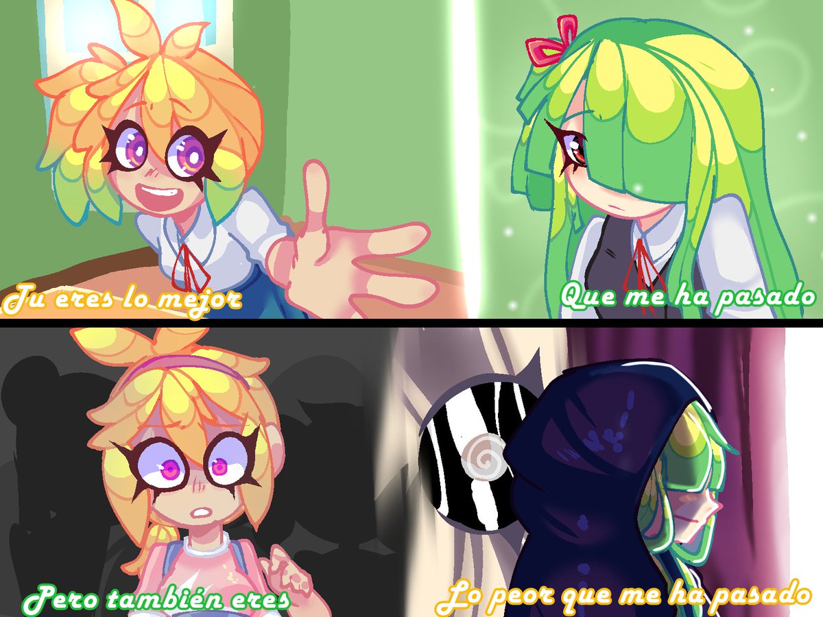 DuskerNatz's tweet photo. 💛:"Pero mi mejor enemiga eres tú, huye de mi, pues somos lo peor."
💚: "Pero si aún buscas mi voz, olvídame, pues somos lo peor."
#fhs #fnafhs #chicami #annami https://t.co/8B9GKTZjq5