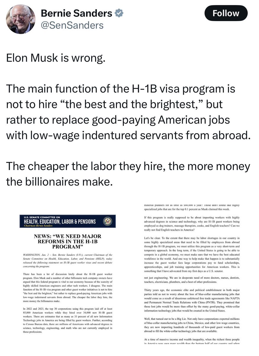 Senator Bernie Sanders comes out in opposition to H-1B visas, supporting the American worker against Trump and Musk.

Follow: <a href="/AFpost/">AF Post</a>