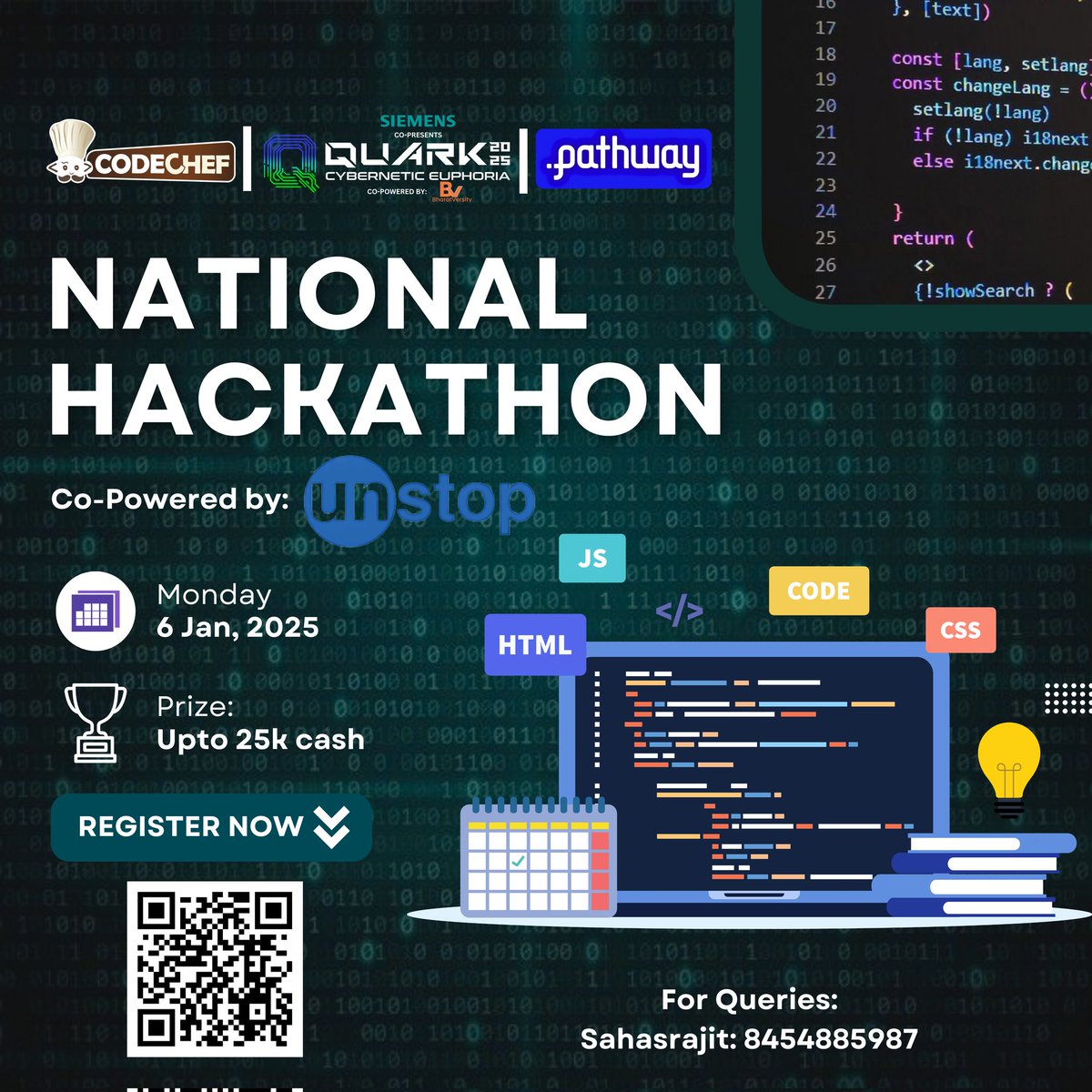 bit.ly/NationalHackat…
🗓 Date: 6th January 2025
🤝Co-Powered by Unstop
🏟️ Venue: Online
📌 How to Participate:
1️⃣ Register on Unstop.
2️⃣ Give a ⭐ to Pathway’s GitHub repository to show your support.
3️⃣Solve the hackathon challenges conducted on CodeChef
4️⃣Win big with Pathway