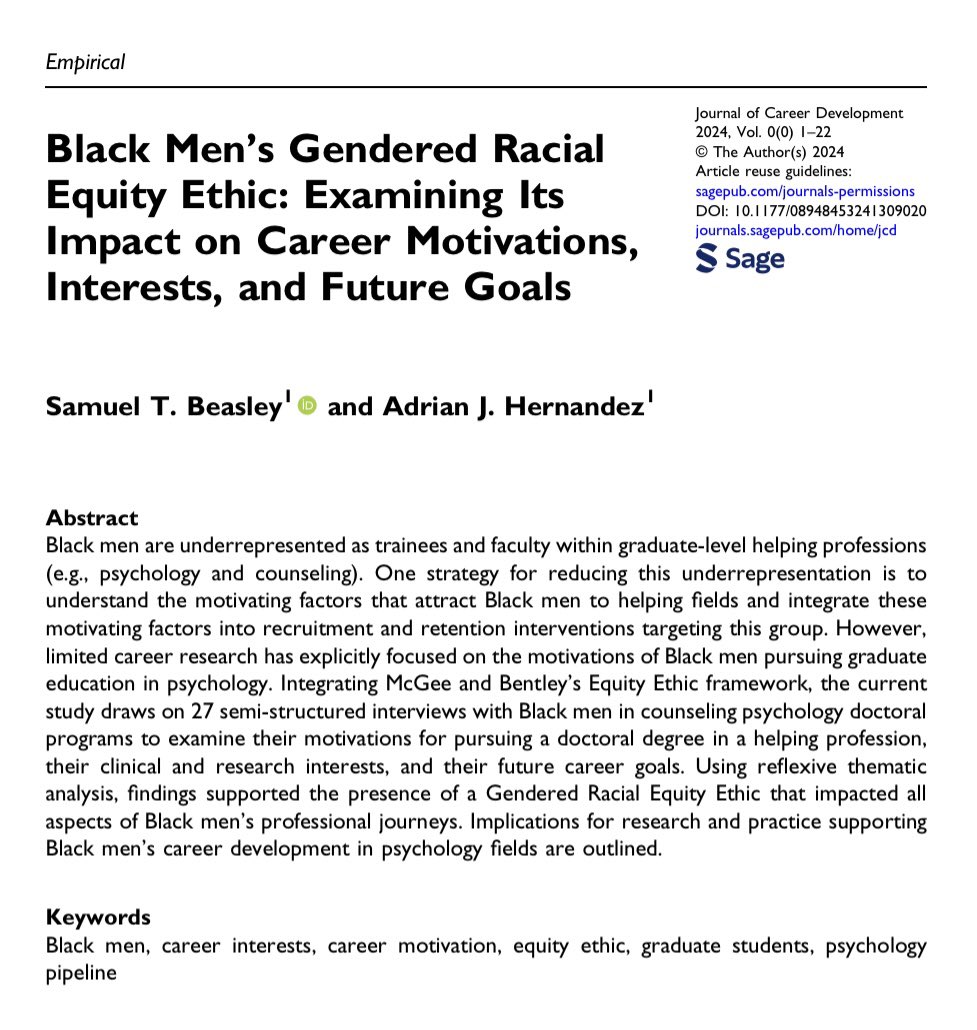 ciertoadrian's tweet image. 📢 New Publication Alert 📢

Black Men’s Gendered Racial Equity Ethic…

If you’re interested in better understanding what factors attract Black men (and other students of color) to counseling psych doc programs, this might be the paper for you! 😁

doi.org/10.1177/089484…