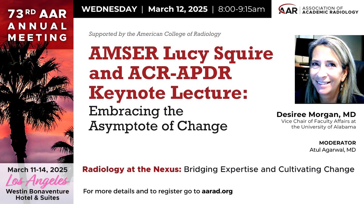 Get ready for cutting-edge insights at the #AAR25 AMSER Lucy Squire and ACR-APDR Keynote Lecture: Embracing the
Asymptote of Change

View preliminary agenda at bit.ly/3DCfoix

Register at bit.ly/3WpdsAL

#AARad #radiology #RadEd #MedEd #research