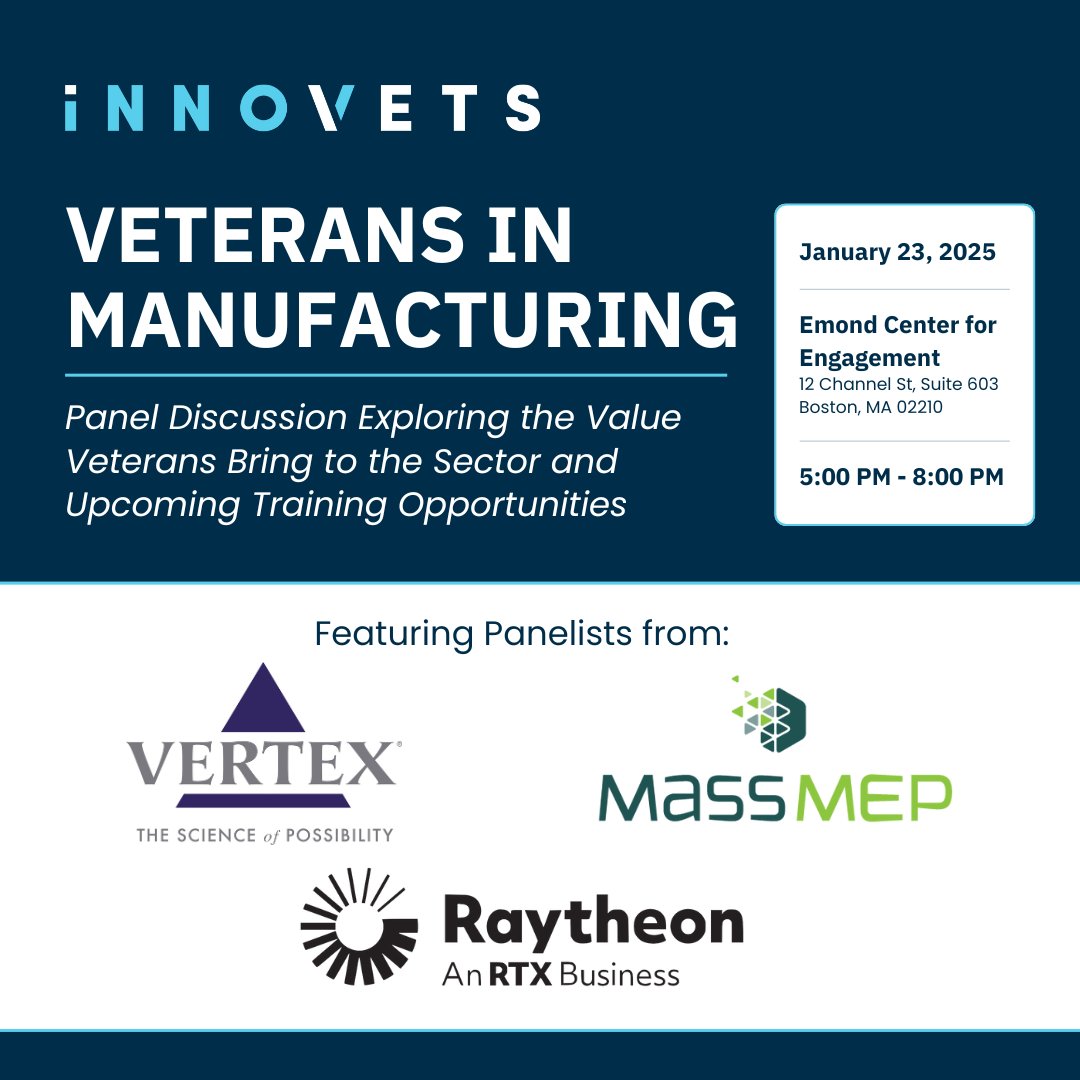 InnoVets_US's tweet image. Join Us for an Inspiring Discussion on Veterans in Manufacturing 🇺🇸⚙️

We are excited to start the new year with the next installment of the InnoVets Monthly Panel Series! 

Learn more and register here: bit.ly/41TFs2Q