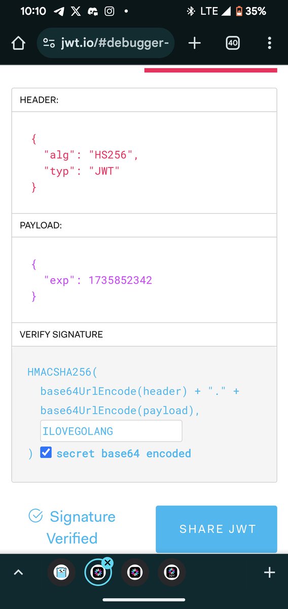 LawsonRedeye's tweet image. Day 60 of #100DaysOfGolang
Today, I explored Authentication & JSON Web Tokens (JWTs):
🔹 JWT = Header, Payload, Signature (Base64URI, not encrypted). Use with HTTPS for security.
🔹 Explored HS256 (HMAC SHA256) for signing tokens.