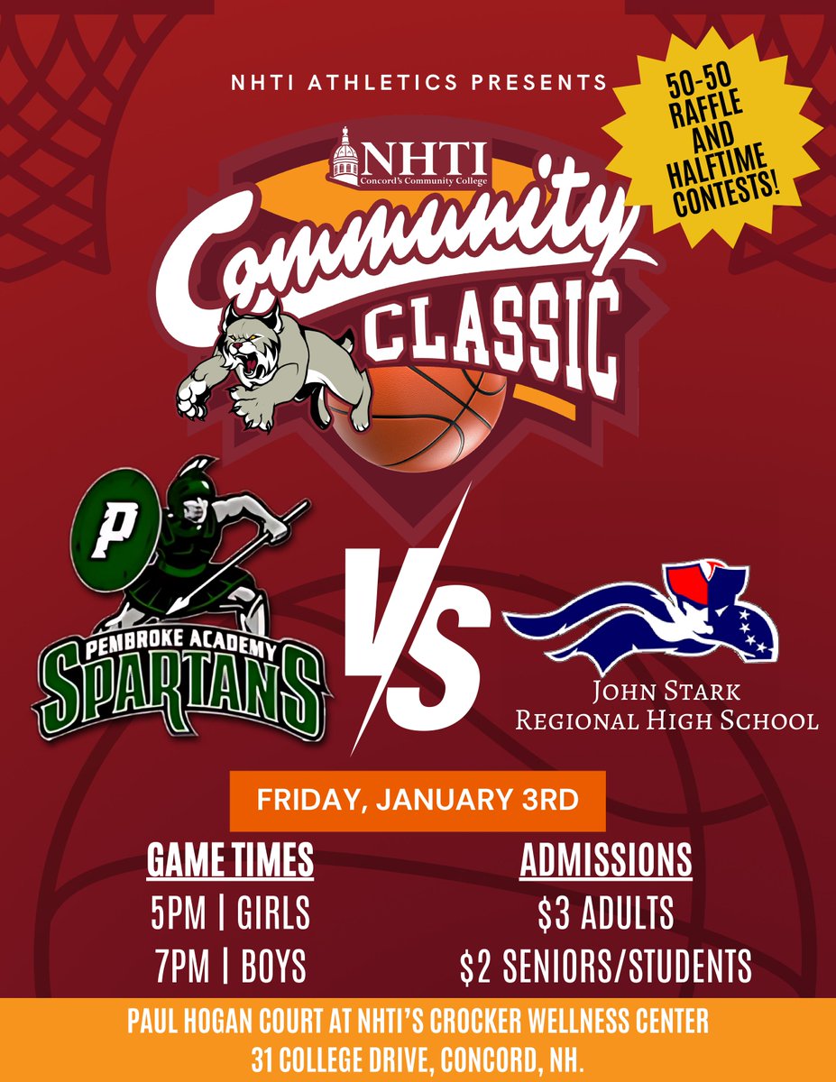 NHTI is excited to host our boys’ and girls’ basketball varsity teams this Friday night (January 3rd) vs. Pembroke Academy 🏀

It will be a great evening of competitive games, raffles &amp; huge community connections!
