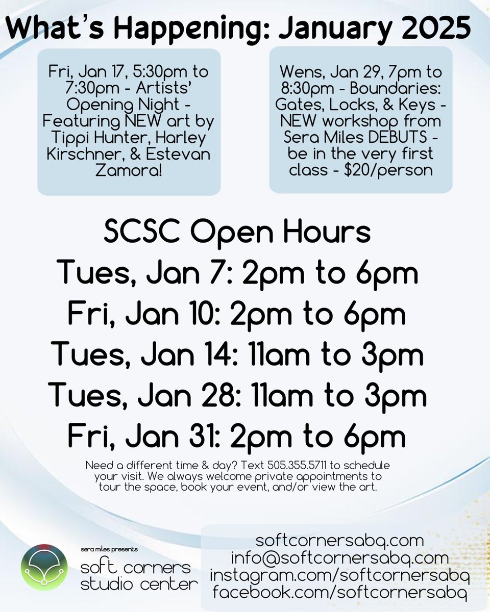 Open Hours start *next week*!
Open Hours do *not* carry any fee. We're just open, like any other business. You're welcome to come to
-view the art
-buy art!
-tour the space
-talk with me about your event needs
-book your event
-say HI &amp; spend a few minutes
See you soon!