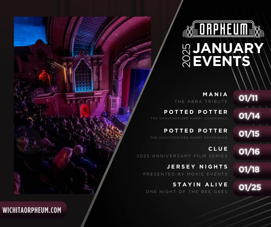 We're kicking off the new year with a fun lineup of events that will make you dance and laugh and then keep dancing. Here's what's on at @wichitaorpheum in January!

🎟️ Tickets &amp; Info ⫸ bit.ly/OrphEvents