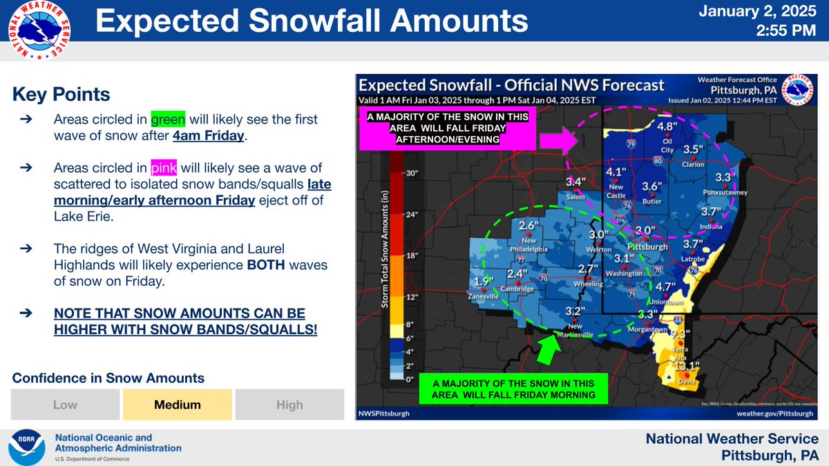 NWSPittsburgh's tweet image. Southwest of PGH: bulk of snow between 4 AM and noon Fri.
Near/north of PGH: bulk of snow Friday afternoon/night
Ridges: snow from Friday morning through night, resulting in higher overall totals. 
Bottom line? Hazardous travel is possible at any time Fri/Fri night - be prepared!