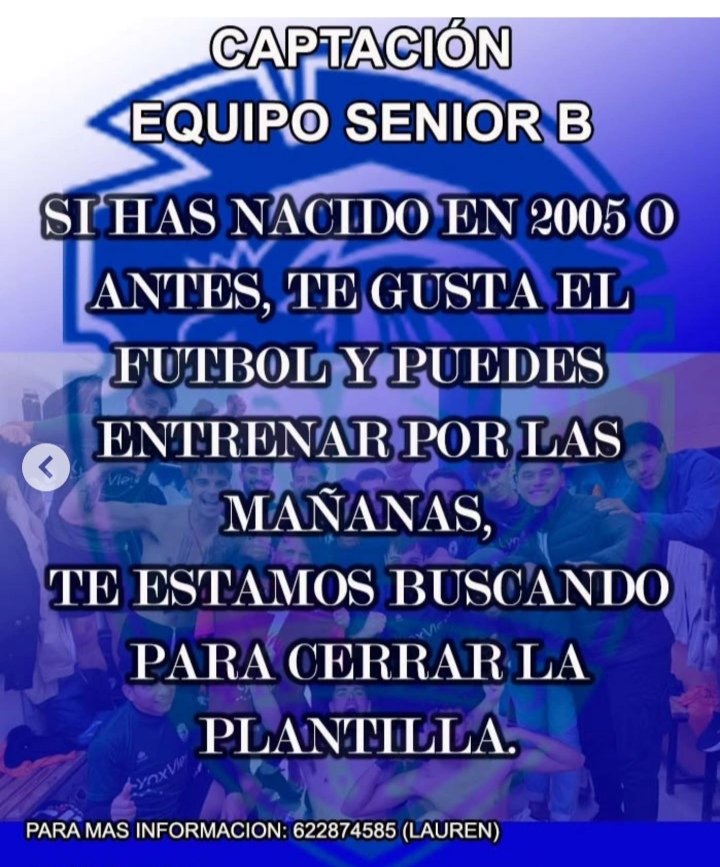 Captación de jugadores para el equipo Senior, Juvenil y Cadete.

🤍💙🤍🏃🏻⚽🥅🎽