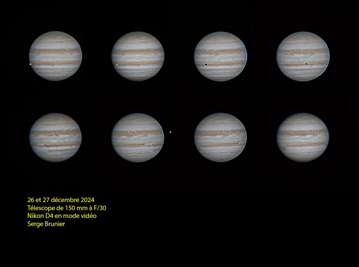 Jupiter, vue dans un télescope, tourne pratiquement à vue d'œil sur elle-même, sa journée est inférieure à 10 heures... Voici sa rotation, prise les nuits du 26 et 27 décembre. Télescope de 150 mm de diamètre à F/30, Nikon D4 en mode vidéo.
