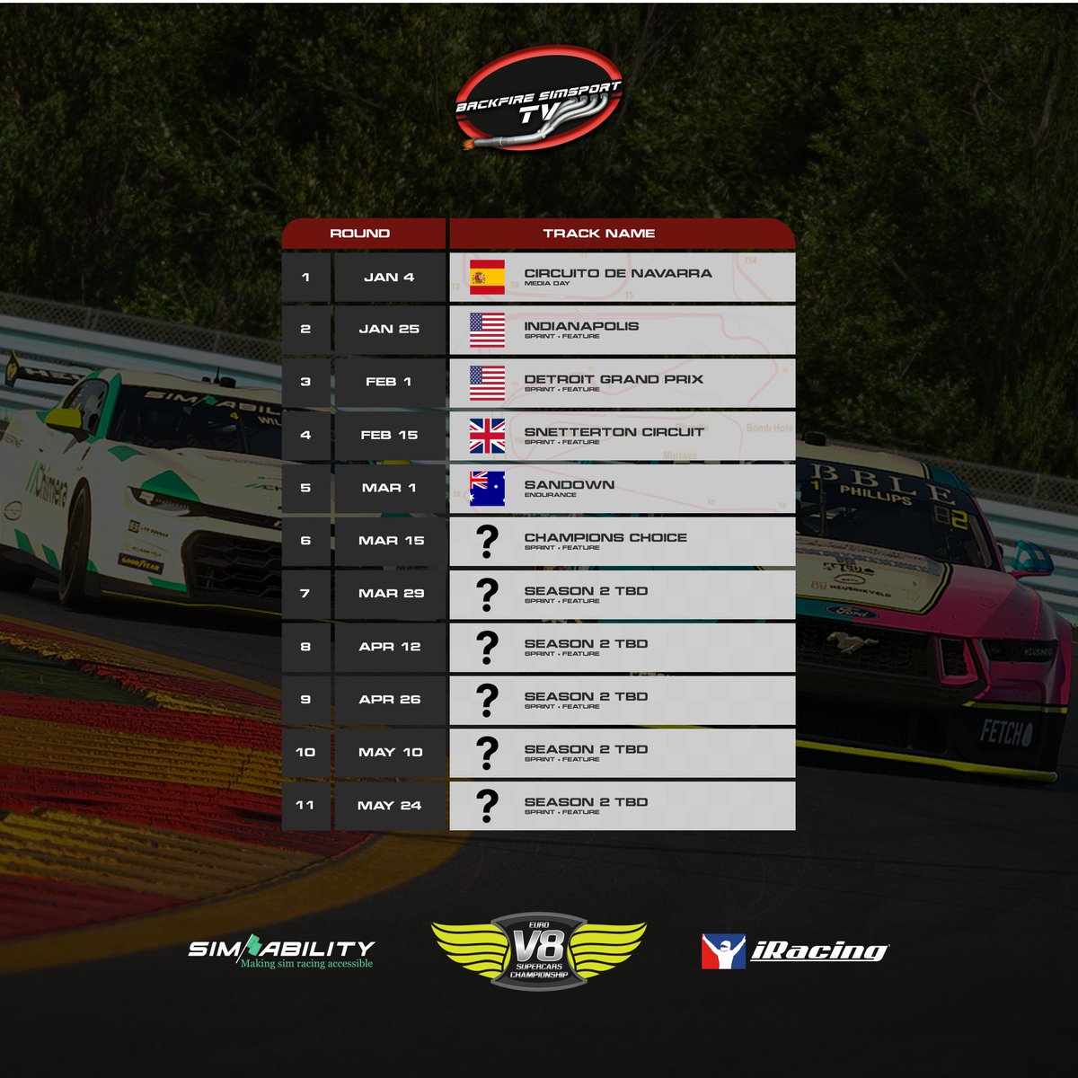 BackfireSTV's tweet photo. V8ESC SEASON 16 SIGN UPS OPEN!

The Home of the Simability Cup. The Home of V8 Racing in the Euro Time Slot.

THE Most Successful European and North American V8 League is back. Over 6 Years of Pedigree.

Register now and join our media day JANUARY 4th:
https://t.co/6l0ALgrzK9 https://t.co/RxZWWgRsom