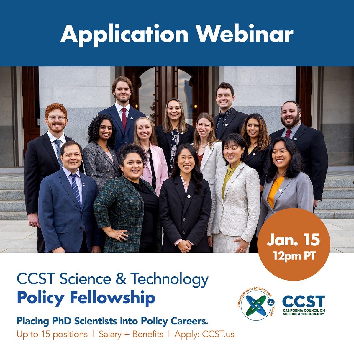CCST Science & Technology Policy Fellowship (@ccstfellows) on Twitter photo Webinar: Everything to Know About the CCST Science & Technology Policy Fellowship
🧑🏫 Overview of the program
💬 Q&A with Fellows Alumni
🚀 Application + Interview + Beyond
🗓️ Jan. 15, 12pm PT
Register: us02web.zoom.us/webinar/regist…
#scipol #scicomm #academictwitter #phd <a href="/SciPolJobs/">Science Policy Jobs</a> Webinar: Everything to Know About the CCST Science & Technology Policy Fellowship
🧑🏫 Overview of the program
💬 Q&A with Fellows Alumni
🚀 Application + Interview + Beyond
🗓️ Jan. 15, 12pm PT
Register: us02web.zoom.us/webinar/regist…
#scipol #scicomm #academictwitter #phd <a href="/SciPolJobs/">Science Policy Jobs</a>