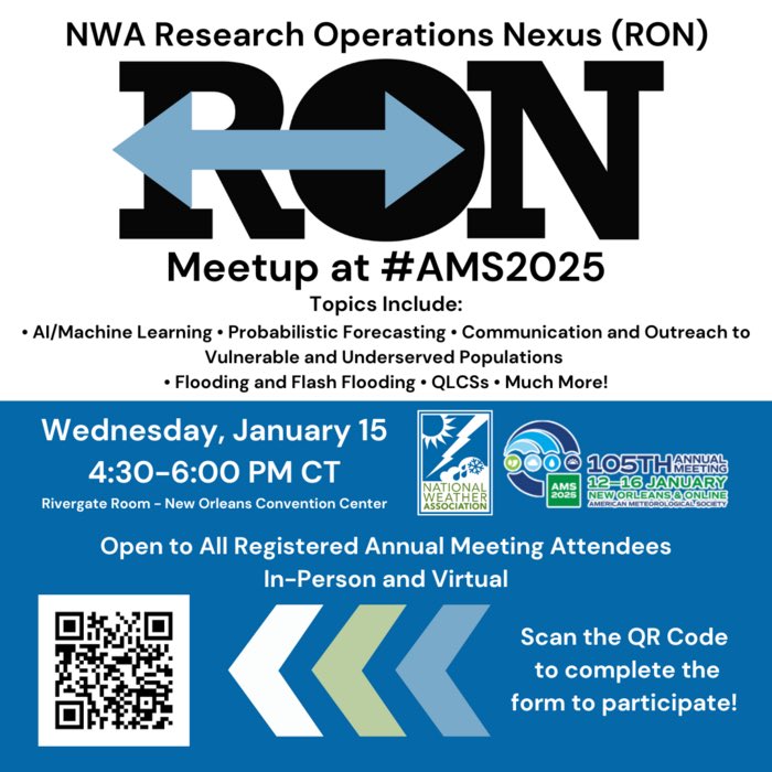 Are you interested in discussions on subjects such as flash flooding, risk communication to underserved populations, &amp; probabilistic forecasting?  Students attending the main conference are welcome &amp; highly encouraged to attend the NWA RON! Check out the QR code to sign up!