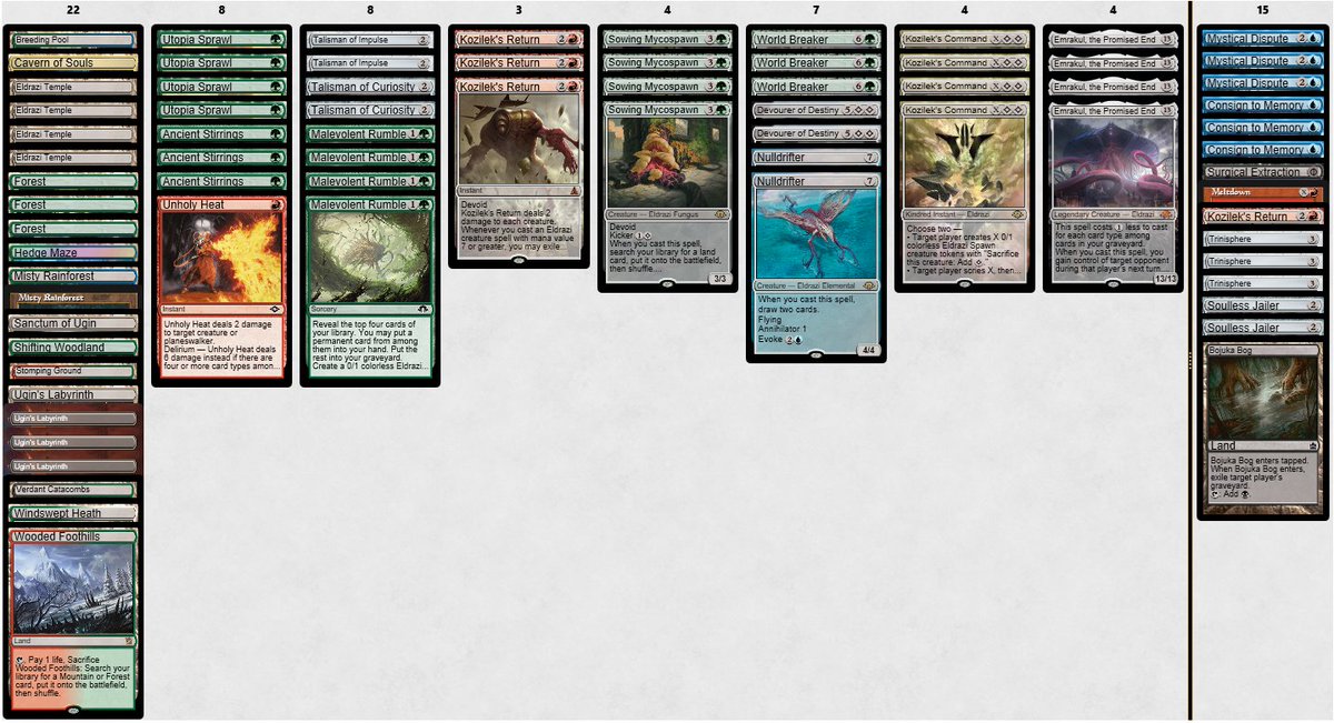 Same list as yesterday but this time I made top8 with 7-1! 🥳
I'll probably tweak the list a bit now, but overall, It's been great.
R1: Boros✅❌✅
R2: Breach❌❌
R3: Storm✅❌✅
R4: Affinity✅❌✅
R5: Storm❌✅✅
R6: Eldrazi✅✅
R7: Breach✅✅
R8: Mirror✅❌✅
QF: UB❌❌