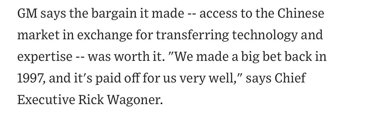 This was the deal that GM and many foreign firms made with China. To get access to China’s market, you had to set up joint ventures, share tech, train local staff, set up R&amp;D centers, and basically help build up future Chinese competitors.

Back in 2007, it all seemed worth it…
