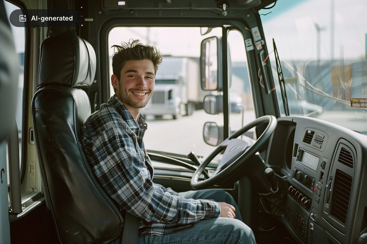 Lizzard214's tweet photo. Looking up stock images for work. AI doesn't seem to realize stopping your truck across the highway is a bad idea... https://t.co/ts31AGhmvo
