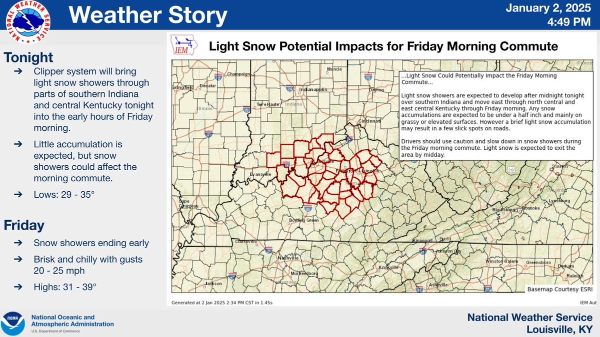 NWS Louisville (@nwslouisville) on Twitter photo A clipper system will bring light snow showers through the region tonight into Friday morning, which could impact the morning commute. Little if any accumulations are expected, but slick spots on roadways could develop. Slow down and drive safe! A clipper system will bring light snow showers through the region tonight into Friday morning, which could impact the morning commute. Little if any accumulations are expected, but slick spots on roadways could develop. Slow down and drive safe!