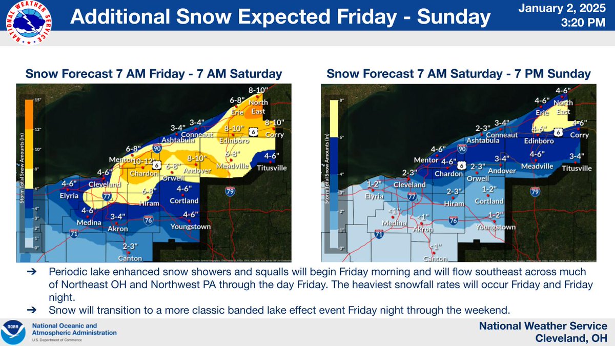 Another round of moderate to heavy lake effect snows are expected Friday into the weekend. Lake Effect Snow Warnings have been issued/extended for the primary and secondary snow belt region. The heaviest snows are expected Friday into Friday night along with blowing snow.