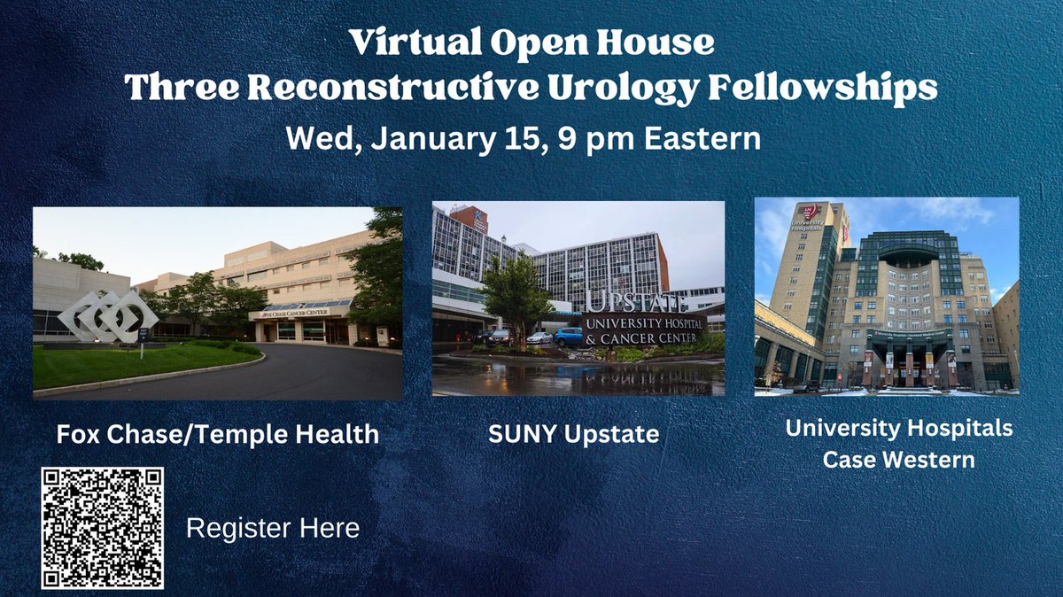 We are excited to announce our combined virtual open house introducing 3 @societygurs fellowships-  SUNY Upstate, Fox Chase, and University Hospitals/case Western
@urorecon @jsimhan @caseurology
Register for zoom link!
tinyurl.com/mtb42am6