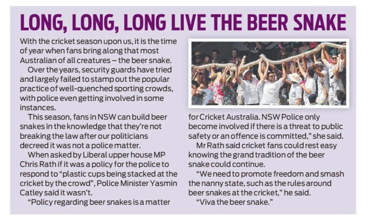 In 2025, the nanny state is so out 🗑️
But beer snakes at the cricket are in 🍻 

Standing up for freedom in today’s <a href="/dailytelegraph/">The Daily Telegraph</a> #nswpol