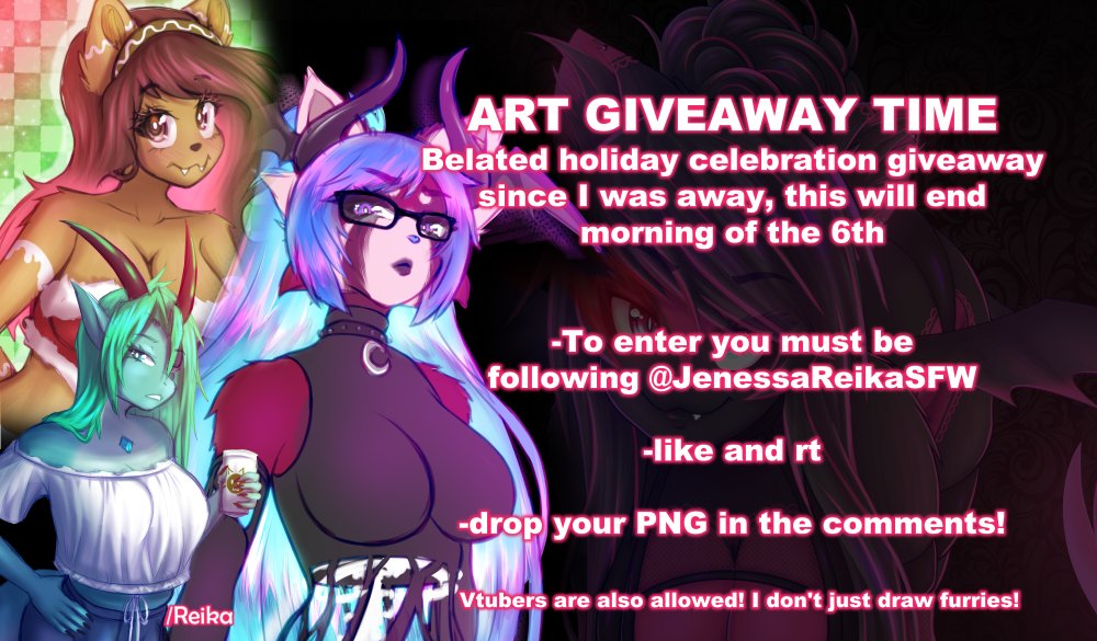 JenessaReikaSfw's tweet photo. Lets roll into the new year CELEBRATIN'! Giveaway time ends Jan 6th cultists!!

To enter:
-You must be following @JenessaReikaSfw 
-like and retweet this post
-drop your PNG below! (mandatory so I know who I'm drawing)
-YES I DRAW VTUBERS NOT JUST FURRIES!!

#giveaway #art #furry https://t.co/Jex4ylT7V3
